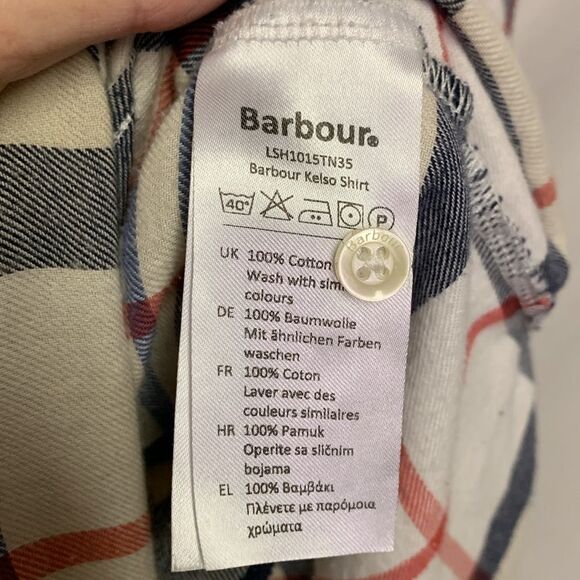 Barbour Summer Tartan Ivory Tan Red Black Hi-Lo LS Button Front Shirt Size 10 - Picture 10 of 13